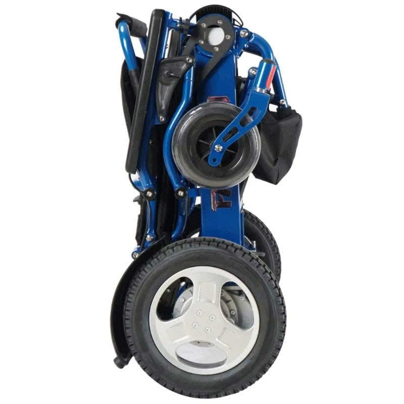 Falcon Portable Power Wheelchair in blue, folded side view