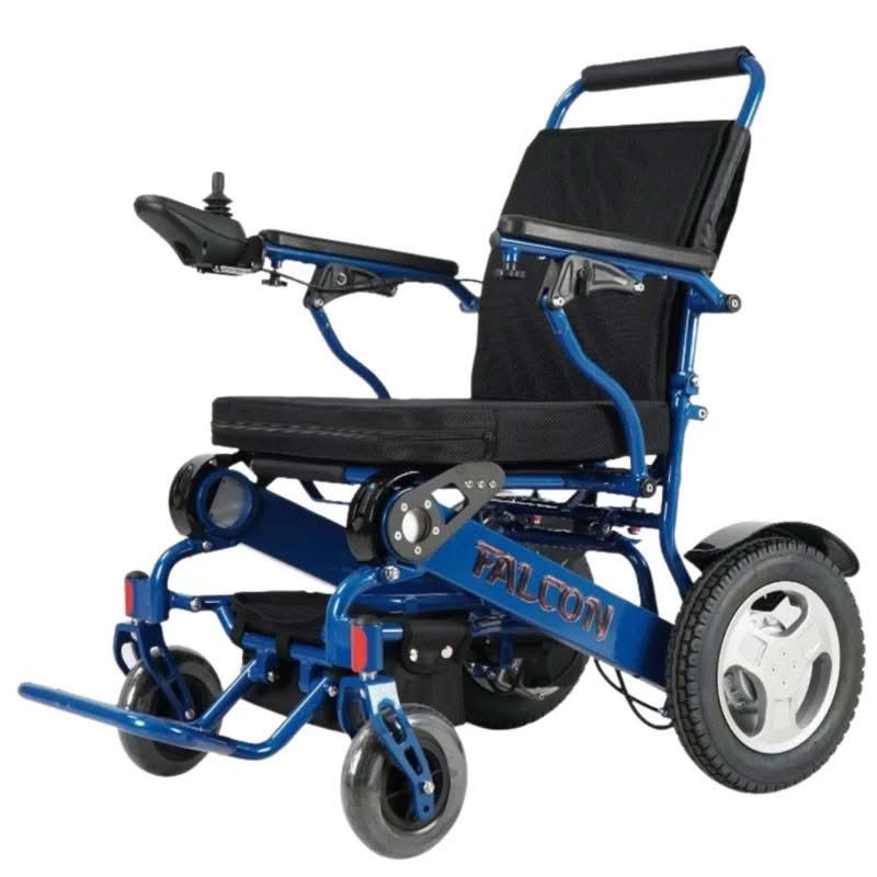 Falcon Portable Power Wheelchair in blue, left front view
