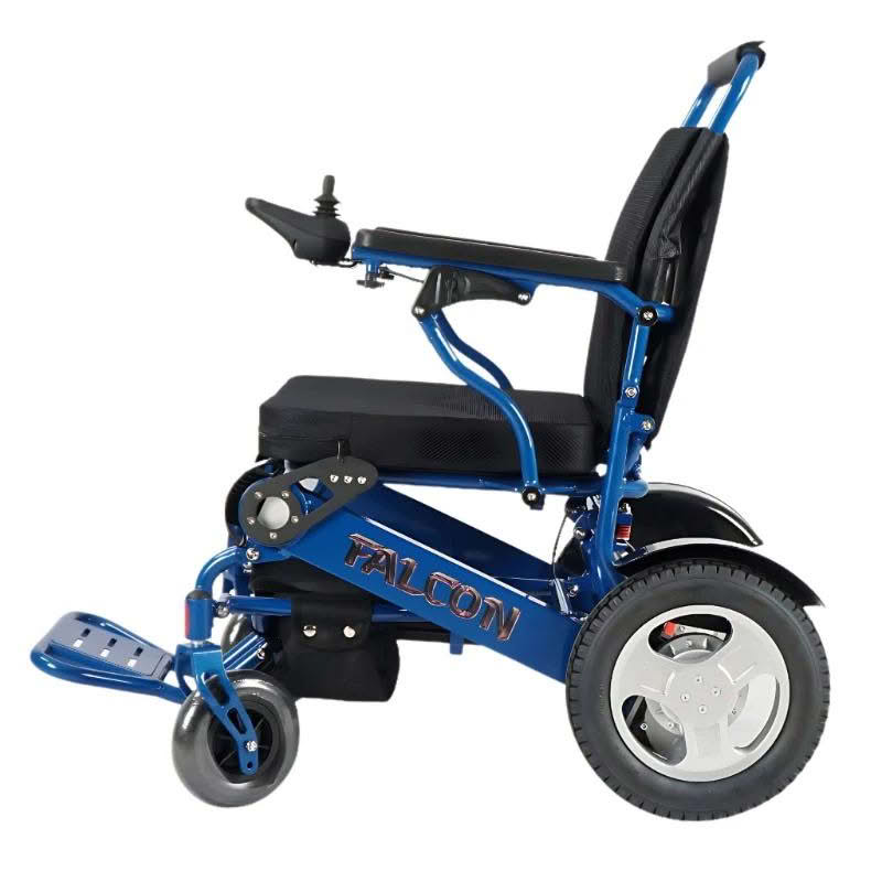 Falcon Portable Power Wheelchair in blue, leftside view