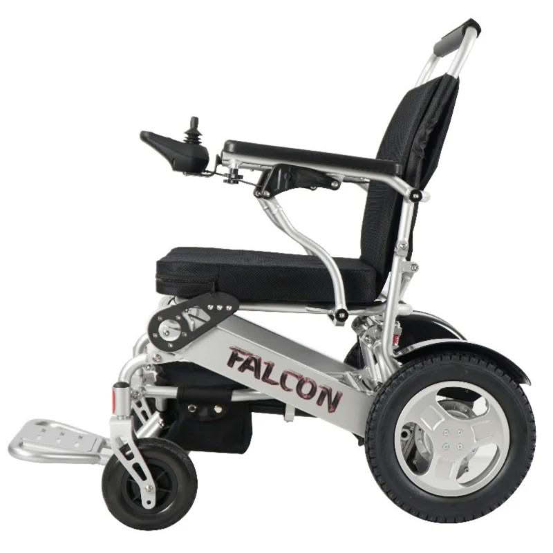 Falcon Portable Power Wheelchair in silver, leftside view