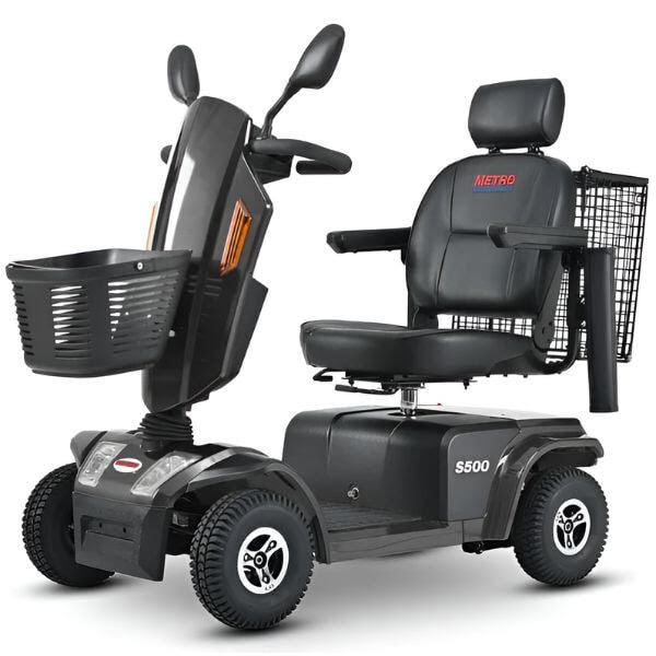 Metro Mobility s500 bariatric scooter, black color, left angle side view