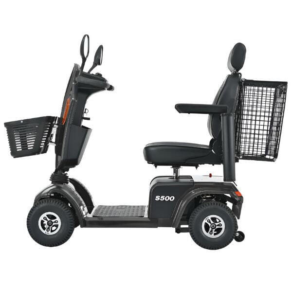 Metro Mobility s500 bariatric mobility scooter, black color, left side view