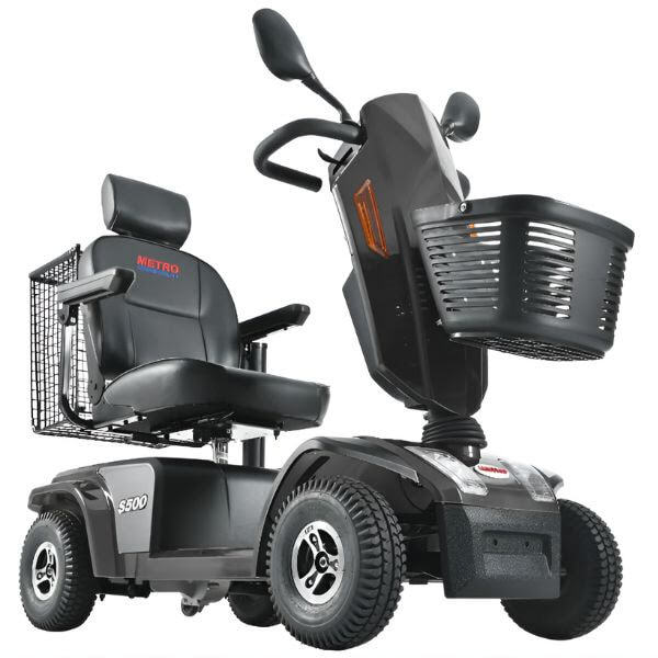 Metro Mobility s500 heavy duty mobility scooter, black color, right angle side view