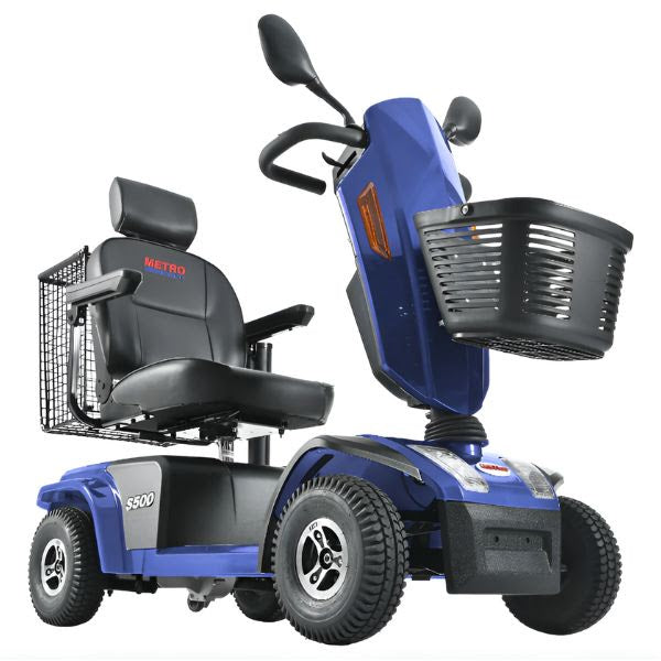 Metro Mobility s500 heavy duty mobility scooter, blue color, right side view