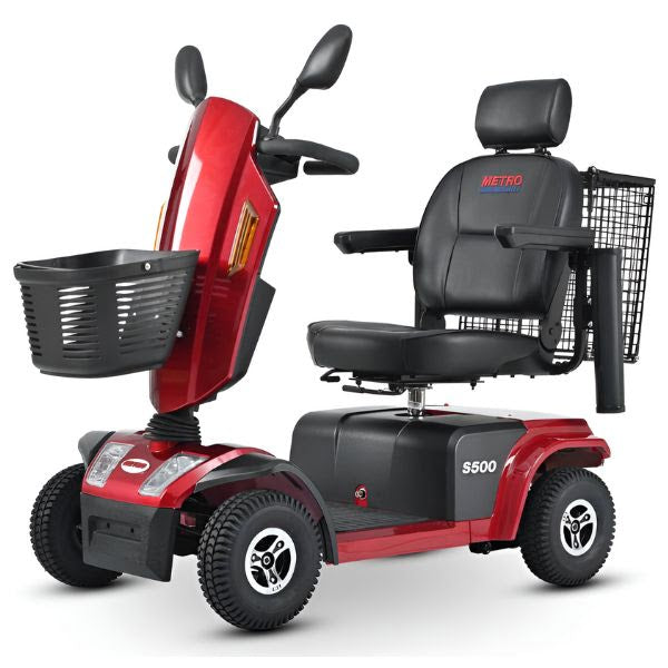 Metro Mobility s500 bariatric scooter red left angle side view