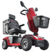 Metro Mobility s500 heavy duty mobility scooter, red color, right angle side view