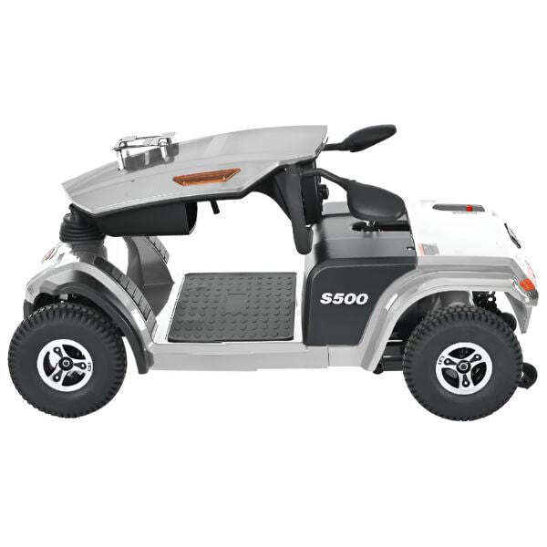 s500 heavy duty mobility scooter, silver color, folded in half