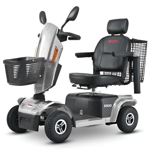 Metro Mobility s500 heavy duty mobility scooter, silver color, left angle side view