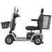 Metro Mobility bariatric mobility scooter, silver color, left side view