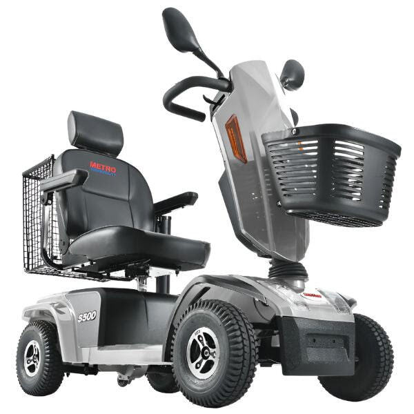 Metro Mobility s500 heavy duty mobility scooter, silver color, right side angle view