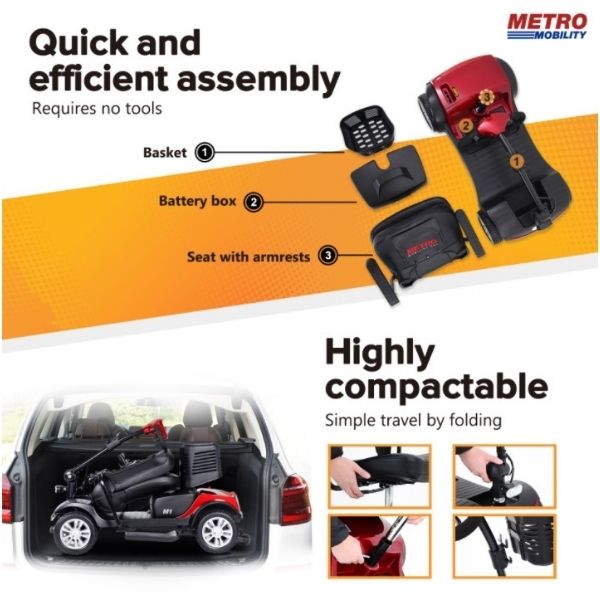Metro Mobility M1 4-Wheel Mobility Scooter Quick and efficient assembly. Highly compactable