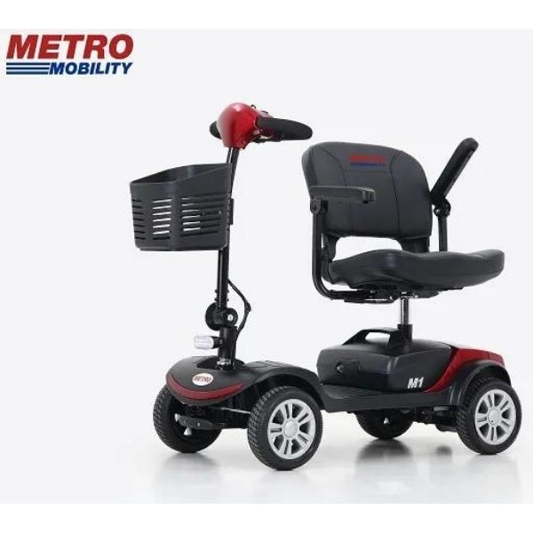 Metro Mobility M1 4-Wheel Mobility Scooter Red Front Left Side View of Swivel Chair