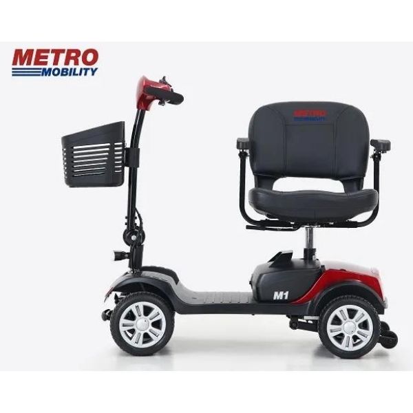 Metro Mobility M1 4-Wheel Mobility Scooter Red Left Side View of Swivel Chair