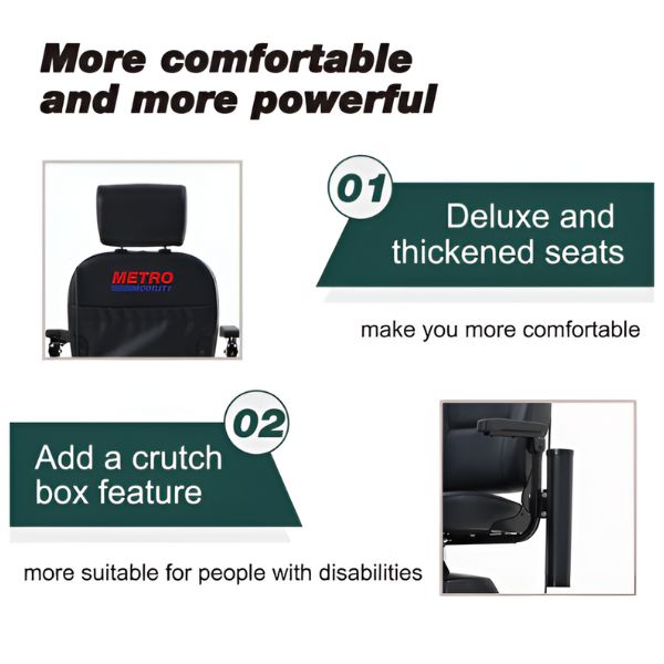 Metro Mobility Max Plus 4-Wheel Mobility Scooter more Comfortable and more Powerful. Deluxe and thickened seats, add a crutch box feature