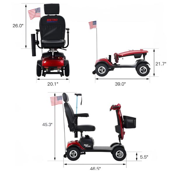 Metro Mobility Max Plus 4-Wheel Mobility Scooter Red Dimensions from the right side view, back view, and folded view