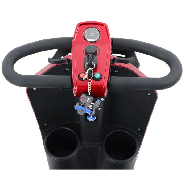 Metro Mobility Max Plus 4-Wheel Mobility Scooter Red Handle and Key View from Chair