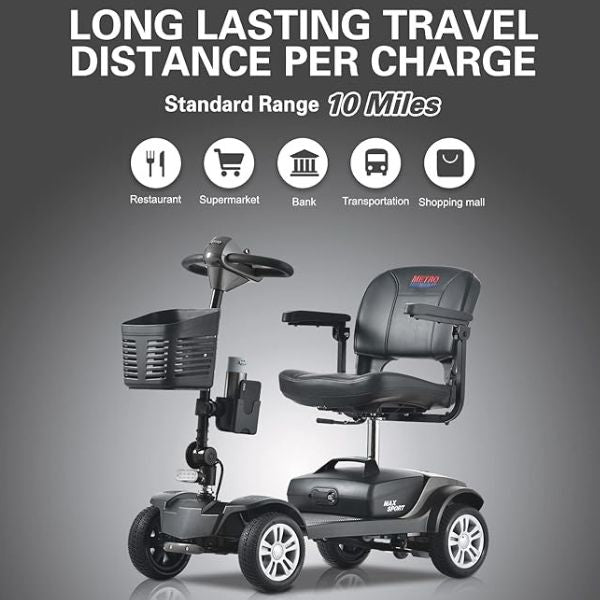 Metro Mobility Max Sport Portable 4-Wheel Mobility Scooter Long Lasting Travel Distance Per Charge: standard range of 10 miles