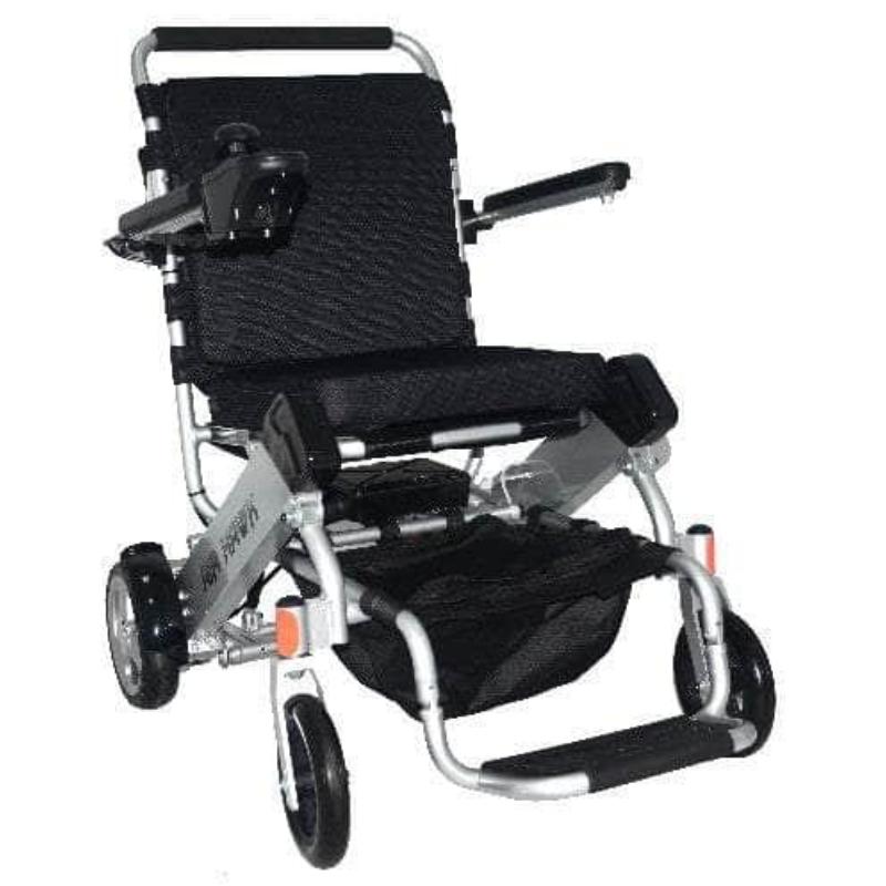 Air Hawk Foldable Electric Wheelchair in silver, front left view
