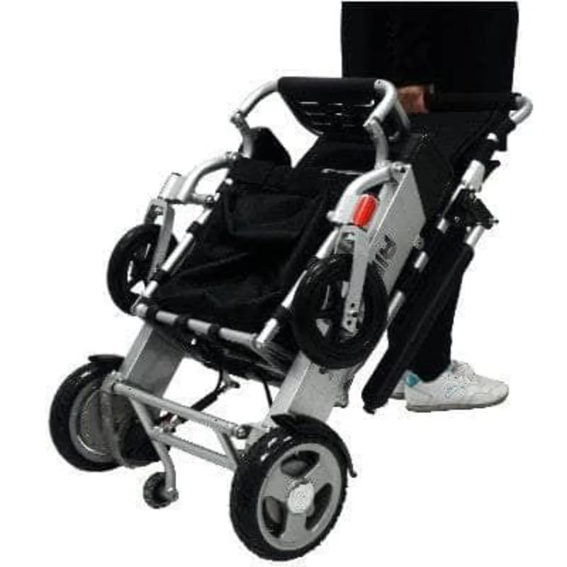 Air Hawk Foldable Power Wheelchair, silver color, folded view