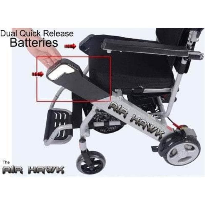 Air Hawk Foldable Electric Wheelchair in silver, battery powered