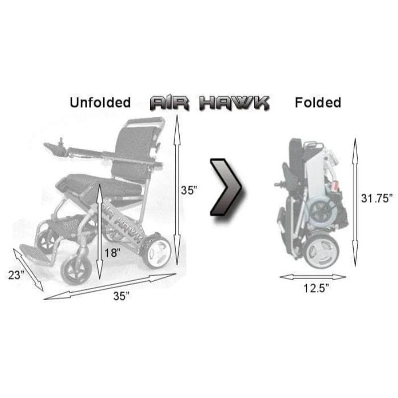 Air Hawk Foldable Power Wheelchair Folded and Unfolded view with dimensions