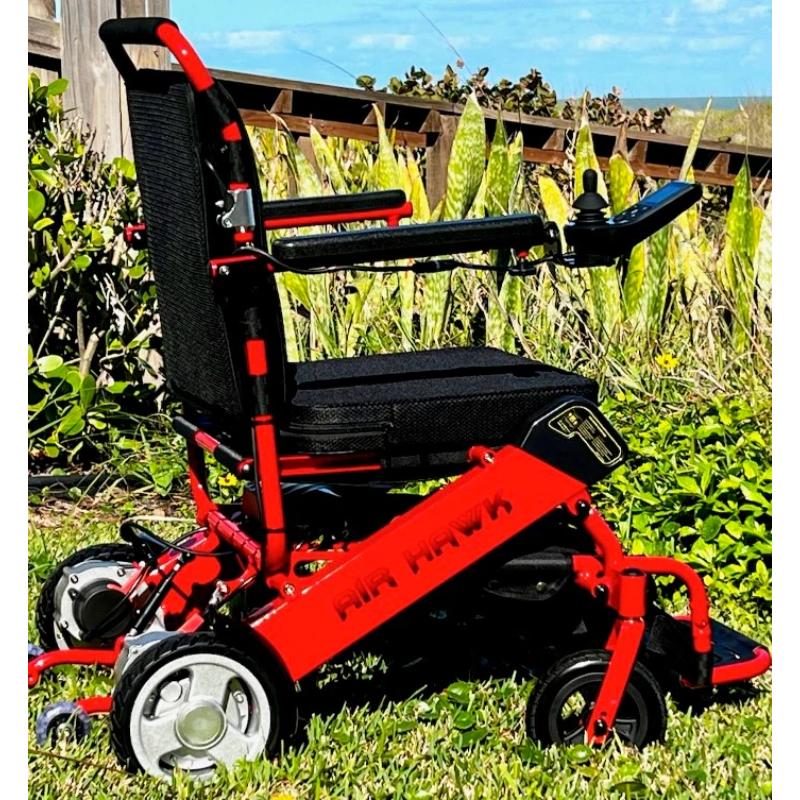 Air Hawk Foldable Electric Wheelchair in red, rightside view