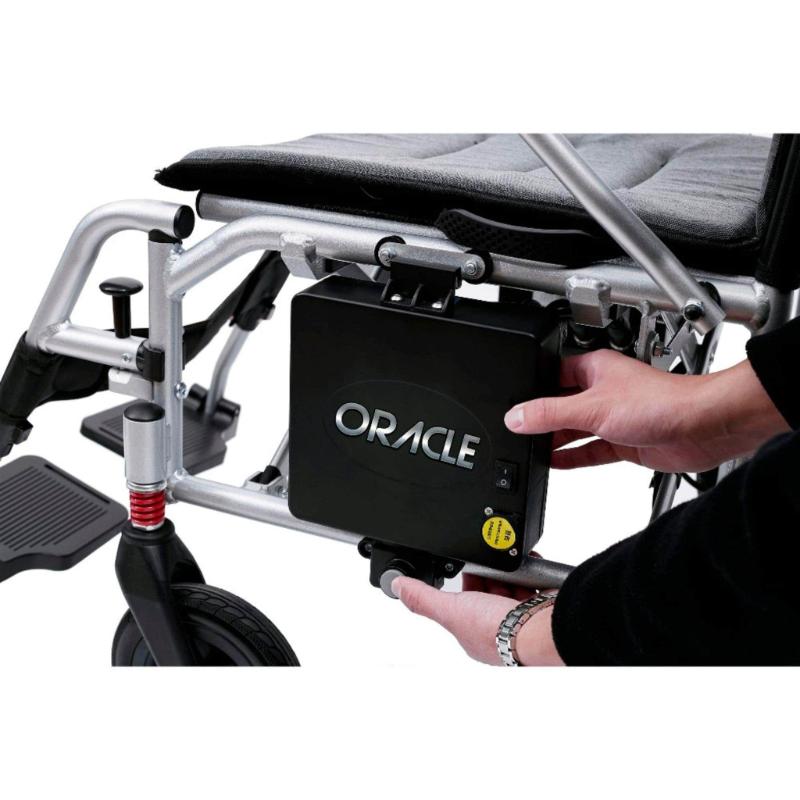 Oracle Lightweight Foldable Power Wheelchair in silver, battery