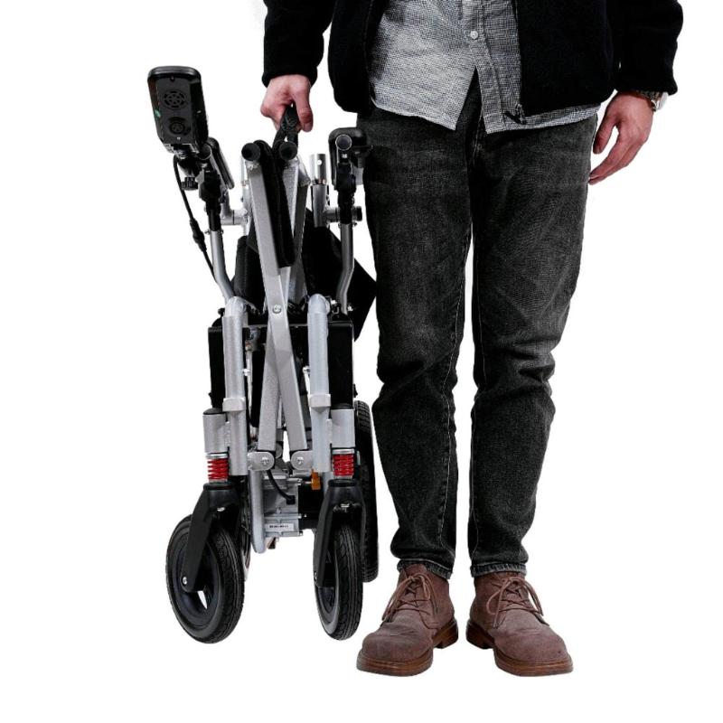 Oracle Lightweight Foldable Power Wheelchair in silver, folded view