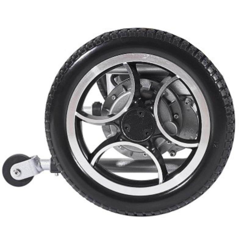 Oracle Lightweight Foldable Power Wheelchair, back wheel and anti-tip wheel