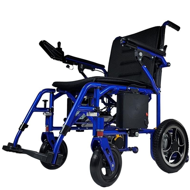 Oracle Lightweight Foldable Power Wheelchair in blue, front left view