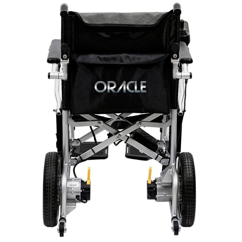 Oracle Lightweight Foldable Power Wheelchair in silver, folded front view