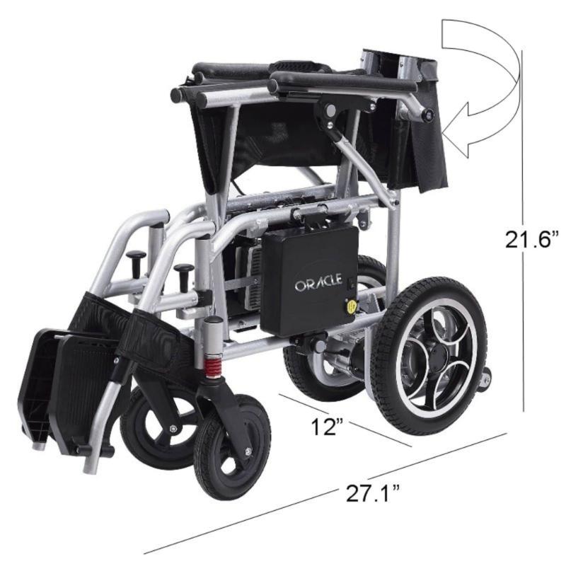 Oracle Lightweight Foldable Power Wheelchair in silver, folded measurements