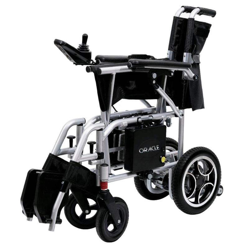 Oracle Lightweight Foldable Power Wheelchair in silver, folded sideview