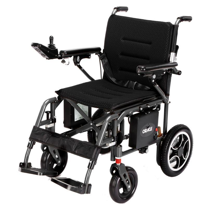 Oracle Lightweight Foldable Power Wheelchair in grey, front left view
