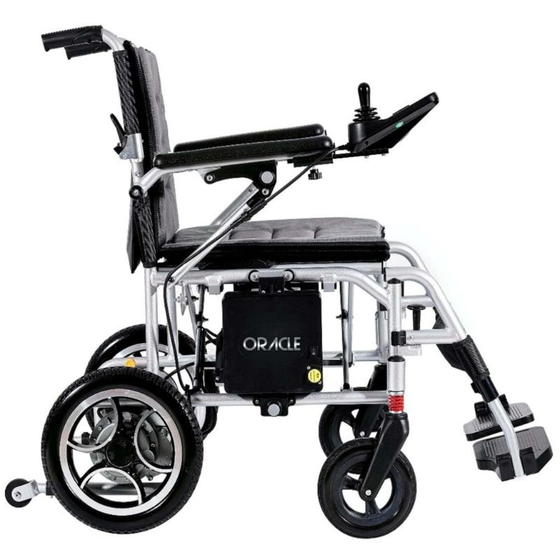 Oracle Lightweight Foldable Power Wheelchair in silver, left sideview