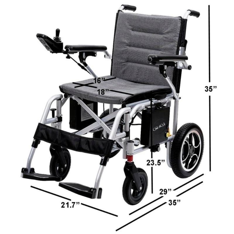 Oracle Lightweight Foldable Power Wheelchair in silver, measurements