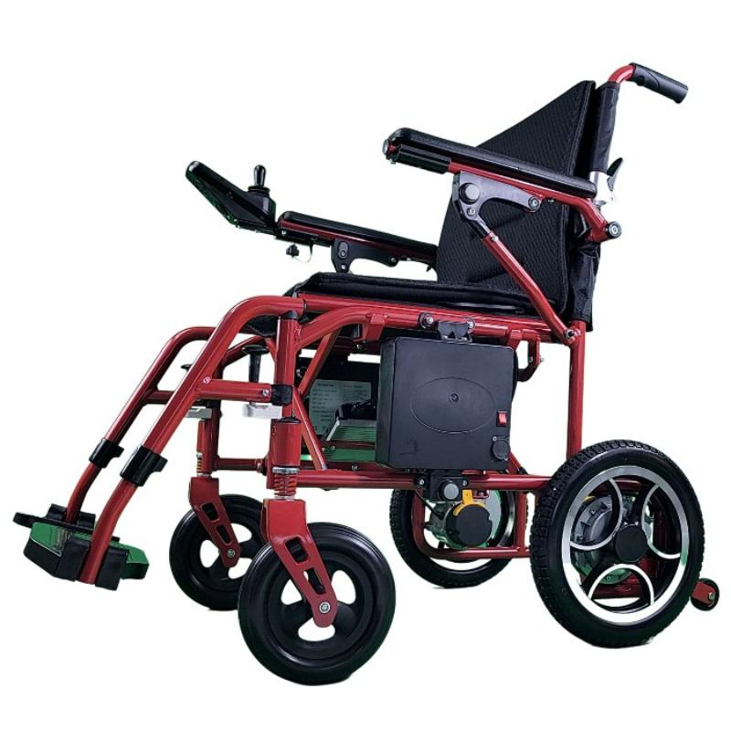 Oracle Lightweight Foldable Power Wheelchair in red, left sideview