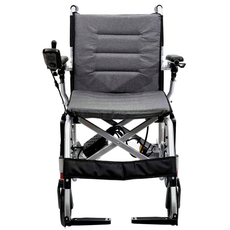 Oracle Lightweight Foldable Power Wheelchair in silver, front view