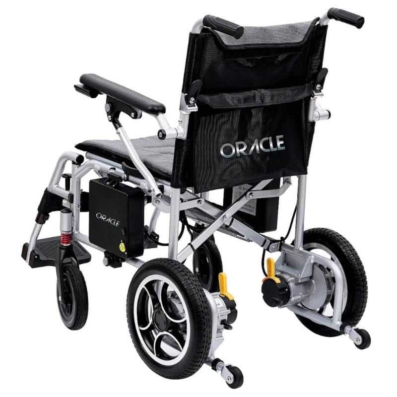 Oracle Lightweight Foldable Power Wheelchair in silver, back left view