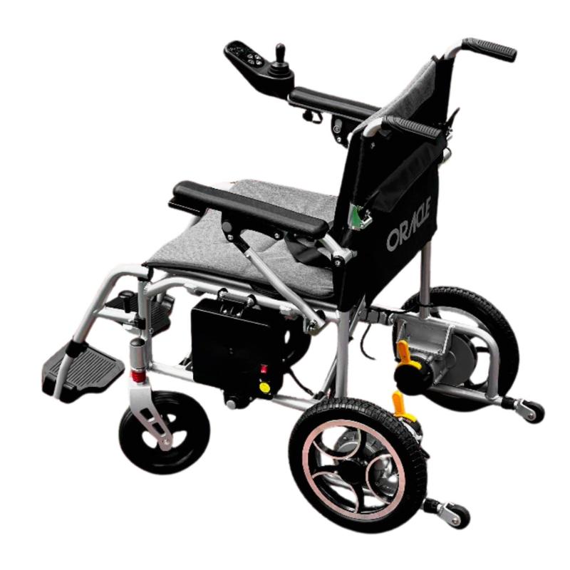 Oracle Lightweight Foldable Power Wheelchair in silver, back left view