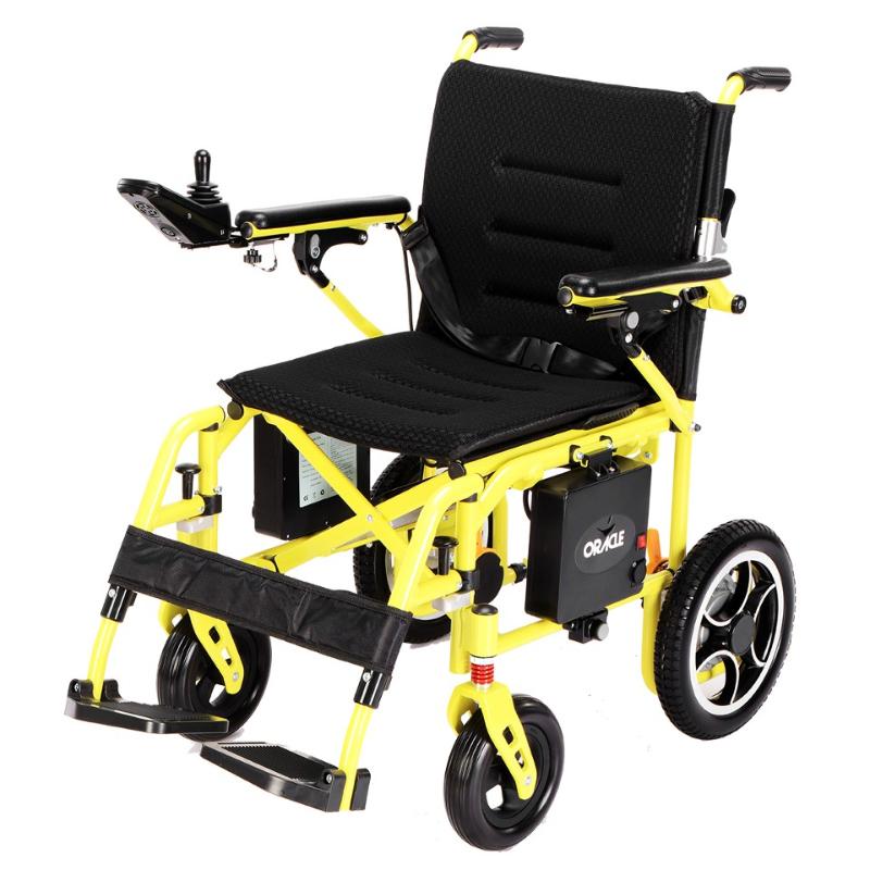 Oracle Lightweight Foldable Power Wheelchair in yellow, front left view